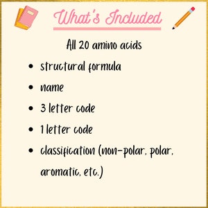 May include: A pink and gold notebook with a pencil illustration. The text "What's Included" is written in pink cursive. The text "All 20 amino acids" is written in black. A list of information about amino acids is included: structural formula, name, 3 letter code, 1 letter code, and classification.
