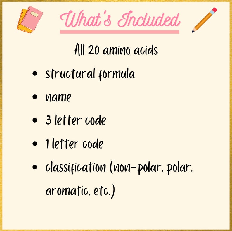 May include: A pink and gold notebook with a pencil illustration. The text "What's Included" is written in pink cursive. The text "All 20 amino acids" is written in black. A list of information about amino acids is included: structural formula, name, 3 letter code, 1 letter code, and classification.