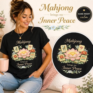 May include: Black t-shirt with a floral and Mahjong tile design. The shirt features the text "Mahjong brings me Inner Peace" in gold script. A circular graphic with the same design is also visible.