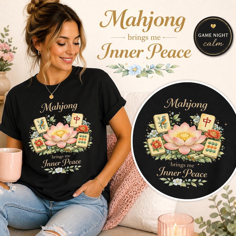 May include: Black t-shirt with a floral and Mahjong tile design. The shirt features the text "Mahjong brings me Inner Peace" in gold script. A circular graphic with the same design is also visible.