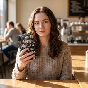 Pode incluir: Uma capa de telefone preta com um design floral e de coruja é exibida. A capa apresenta flores brancas, detalhes em rosa e a palavra "sweet". O fundo está desfocado, sugerindo um ambiente de café.