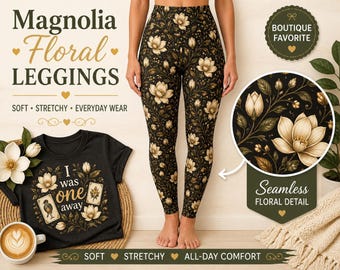 Leggings floreali Magnolia da donna, leggings botanici senza cuciture, leggings floreali color crema, regalo per lei, leggings da casa