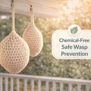 May include: Two beige, teardrop-shaped wasp deterrents hang from a porch ceiling. The crochet wasp traps are suspended by rope. Text on the right reads "Chemical-Free Safe Wasp Prevention."