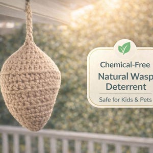 May include: A beige, teardrop-shaped, crocheted wasp deterrent hanging from a porch. The product is labeled "Chemical-Free Natural Wasp Deterrent" and "Safe for Kids & Pets."