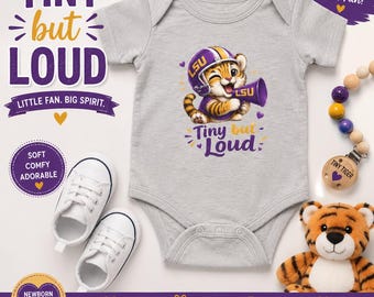 Klein maar opvallend babyrompertje | Paars en goudkleurig tijgerpakje voor baby's | Louisiana Football babyoutfit | Leuk kraamcadeau