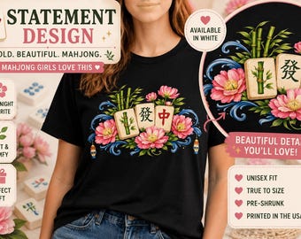 Mahjong Garden Shirt  Floral Mahjong Tee  Statement Design Black Shirt  Mahjong Girls Night Outfit Chinoiserie Style Top