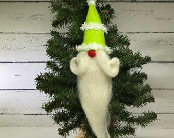 Little Green Elf gnome with wool Beard, Elf ornament, Christmas Elf ornament, Ready to Ship!