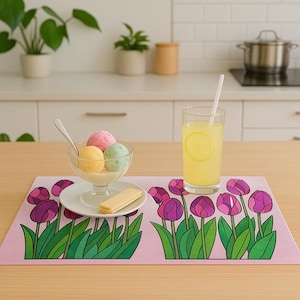 Tischset-Tischdecke-WaschbarPVC beschichtet-Handbemalte Tischset-Matroschka-Küchengeschirr-Cafe Decor-Party Decor-Küche Decor-Tischset für Kinder-Tulip