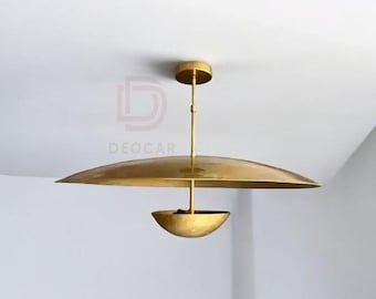 Handmade Modern Italian Brass Chandelier – 3-Light Flush Mount Pendant with Double Disk Shades, Raw Brass Finish, Elegant Home Decor
