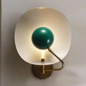 Sustainable Mid Century Modern Brass Wall Sconce with Green Accent, Handmade Eco-Friendly Vintage Italian-Inspired Lighting Fixture Interior