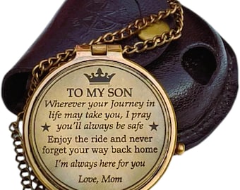 To My Son Brass Engraved Pocket Compass with Leather Case – Inspirational Religious Keepsake Gift