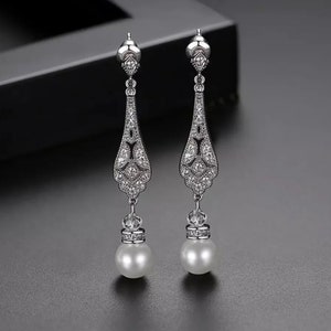 Earrings Bridal Silver Pearl Drop Charming Crystal