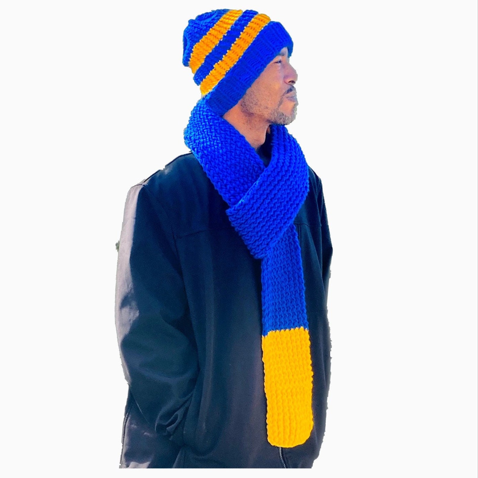Men Beanie Blue and Yellow Men Beanie set Hand Knit Scarf Etsy