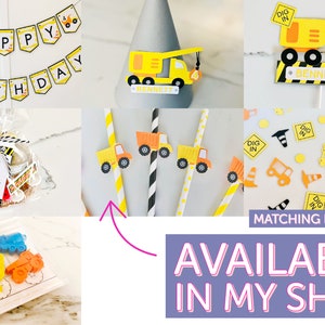 May include: Construction themed party decorations including a yellow and black banner that says "Happy Birthday", yellow and black construction vehicle straws, a yellow and black construction vehicle cake topper, and a favor bag with a tag that says "It was loads of fun!"