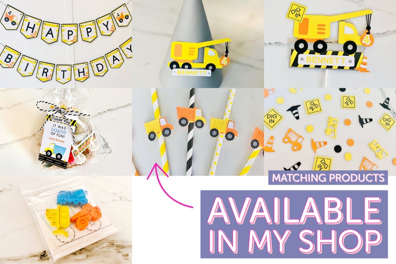 May include: Construction themed party decorations including a yellow and black banner that says "Happy Birthday", yellow and black construction vehicle straws, a yellow and black construction vehicle cake topper, and a favor bag with a tag that says "It was loads of fun!"