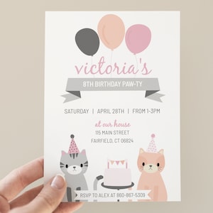 Cat Birthday Invitation Template, Cat Invitation, Cat Party Invitation, Editable Invitation