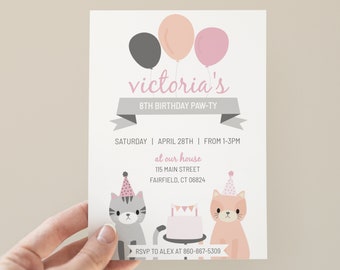 Cat Birthday Invitation Template, Cat Invitation, Cat Party Invitation, Editable Invitation