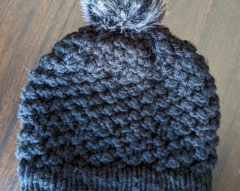 Hand-knit chunky adult-sized pom winter hat