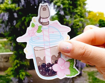 Kawaii Sakura Brown Sugar Bubble Tea Glossy/Matte/Holographic Vinyl Sticker