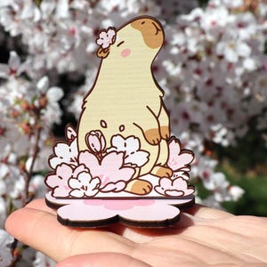 Sakura Capybara Wooden Standee - Cute Kawaii Capybara Decor Cherry Blossom Synthetic Wood Standee - Desk Ornament Gift for Capybara Lovers