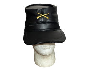 Civil WAR Real Cowhide Black Leather KEPI-HAT Adjustable Free Size Cap