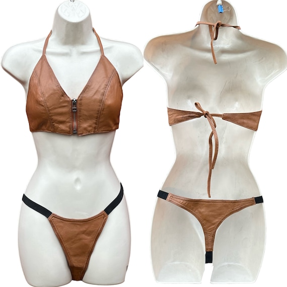 Real Cowhide Leather Bikini Adjustable Bra Underwear Set Size: 36-38 