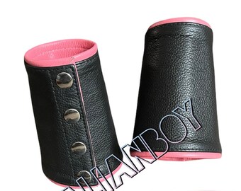 Black Cowhide Leather Cuff Bracelet  Pink Trim Biker Stulpe