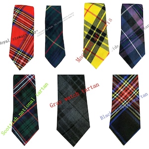 May include: Collection of eight tartan neckties in various colors and patterns. The ties include the "Royal Stewart", "MacLeod of Lewis", "Scottish National", "Gray Watch", and "Black Watch" tartans. Each tie is a different color combination.