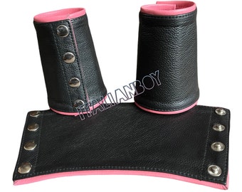 Lagerräumung Preis Herren Biker, Gay.Schwarzes Rindsleder mit rosa Zierstulpe, Manschette, Armband