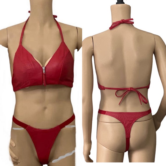 Red Real Cowhide Leather Bikini Adjustable Bra Underwear Set Size 34 36 Etsy