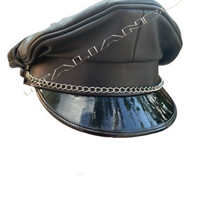 Biker,Army,Muir,Peaked,Police Gay Cap Full Black with Chain+strap