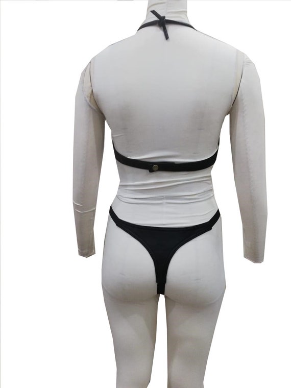 Full Black Cowhide Leather Bikini Adjustable Bra Underwear Set Size: 34-36  -  UK