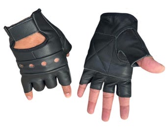 Real Leather Fingerless Gloves, Motorcycle Biker Security Cycling, Black, size XS-XL