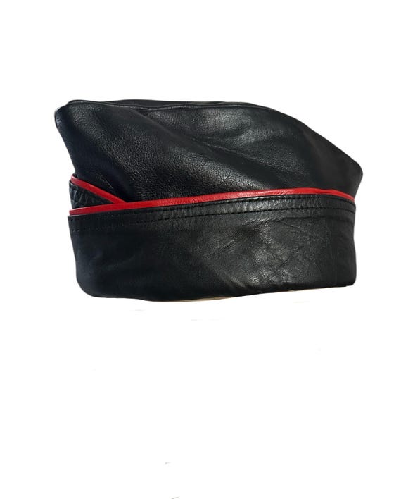 Military Triangle Real Leather Cap - Black and Red Trim - Etsy