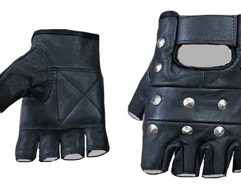 Premium Quality cowhide   Leather Stud Gloves  Finger Less Studded Biker Punk Gloves size: XS-L