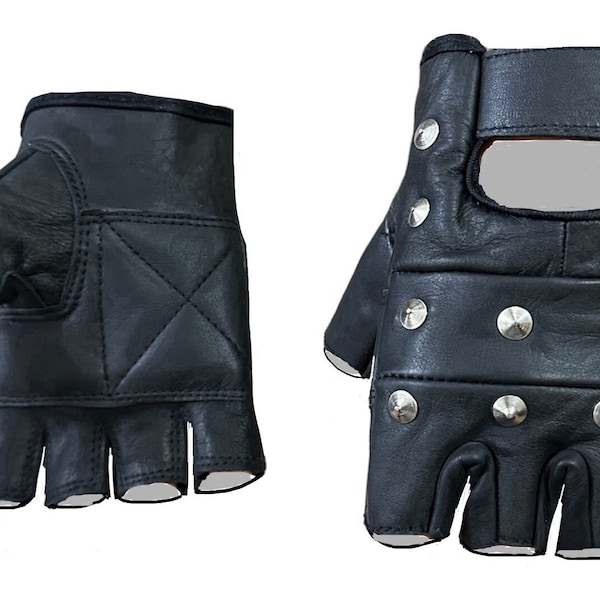 Premium Quality cowhide   Leather Stud Gloves  Finger Less Studded Biker Punk Gloves size: XS-L