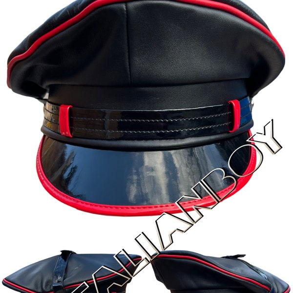 Black Leather Biker,Army,Muir,Police Gay cap with Red trim peak