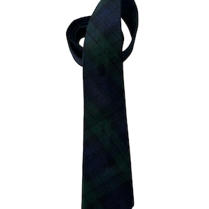 Può includere: Una cravatta a quadri verde scuro e blu navy. La cravatta è realizzata in tessuto intrecciato e ha una forma classica. La cravatta è annodata nella parte superiore, con l'estremità a punta che pende. Lo sfondo è bianco.