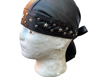 Punk Biker  Pirate Style Real Leather  Durag Cap: Silver Studded