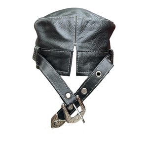 Military Style Leather Cap motorcycle gear with Decorative Buckles, Black,  Adjustable 55-61 cm