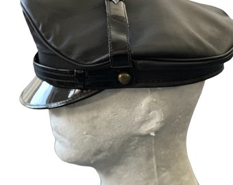 Echt Volledige Lederen Zwarte Leger Muir Biker Peaked Politie BLUF Cap met Ketting, Zwart, XL