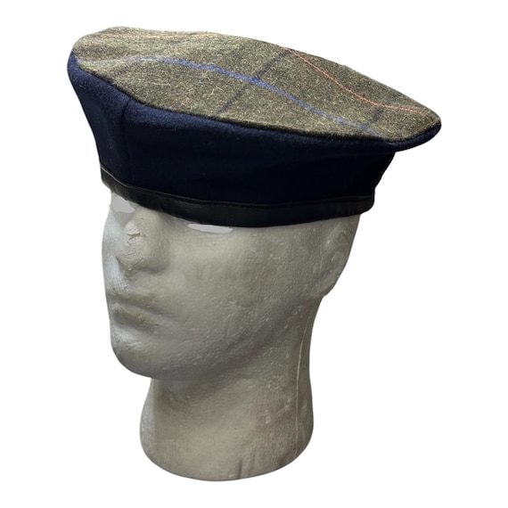 Free Size Navy Blue Wool With Brown Tartan Two Tone Beret 