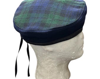 Navy Blue wool  with Black watch tartan two tone Beret cap Free size