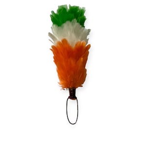 May include: A green, white, and orange feather plume with a metal loop at the bottom.