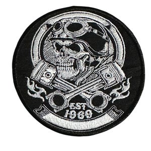 Skull and Pistons Embroidered Iron-On Patch, EST 1969 Design, Black and Silver, 10cm x 10cm