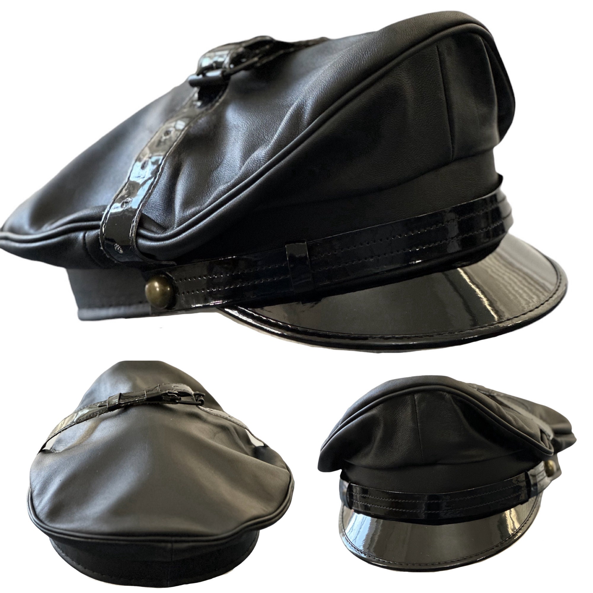 Mens Outdoor Hat Army Muir Biker Peaked Police Gay Military Caps Faux  Leather