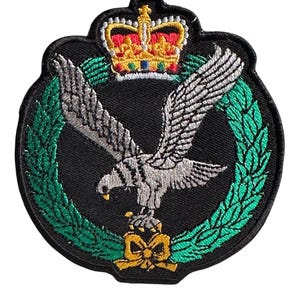May include: Embroidered patch featuring a stylized eagle with outstretched wings, set against a black background. The design includes a green laurel wreath, a gold crown, and a gold bow. The patch is likely for a military or official organization.