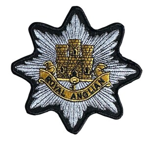 May include: Embroidered patch featuring a gold castle emblem with the text "ROYAL ANGLIAN" on a banner. The emblem is set against a white and black starburst design, with a black border.