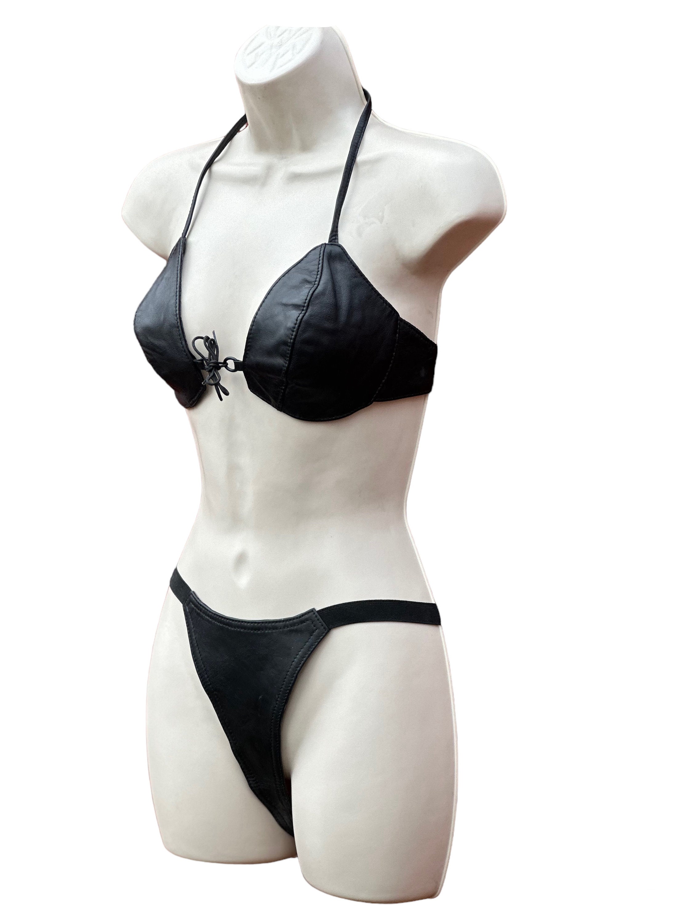 Full Black Cowhide Leather Bikini Adjustable Bra Underwear Set