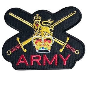 May include: Black embroidered patch featuring a gold crown, crossed swords, and the word "ARMY" in red. The patch has a unique shape with a black border and is likely for military or commemorative purposes.